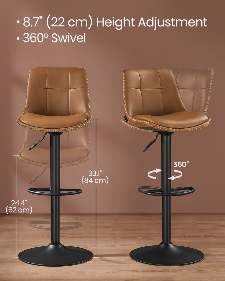 Set of 2 Bar Stools with Backrests and Footrests Caramel Brown