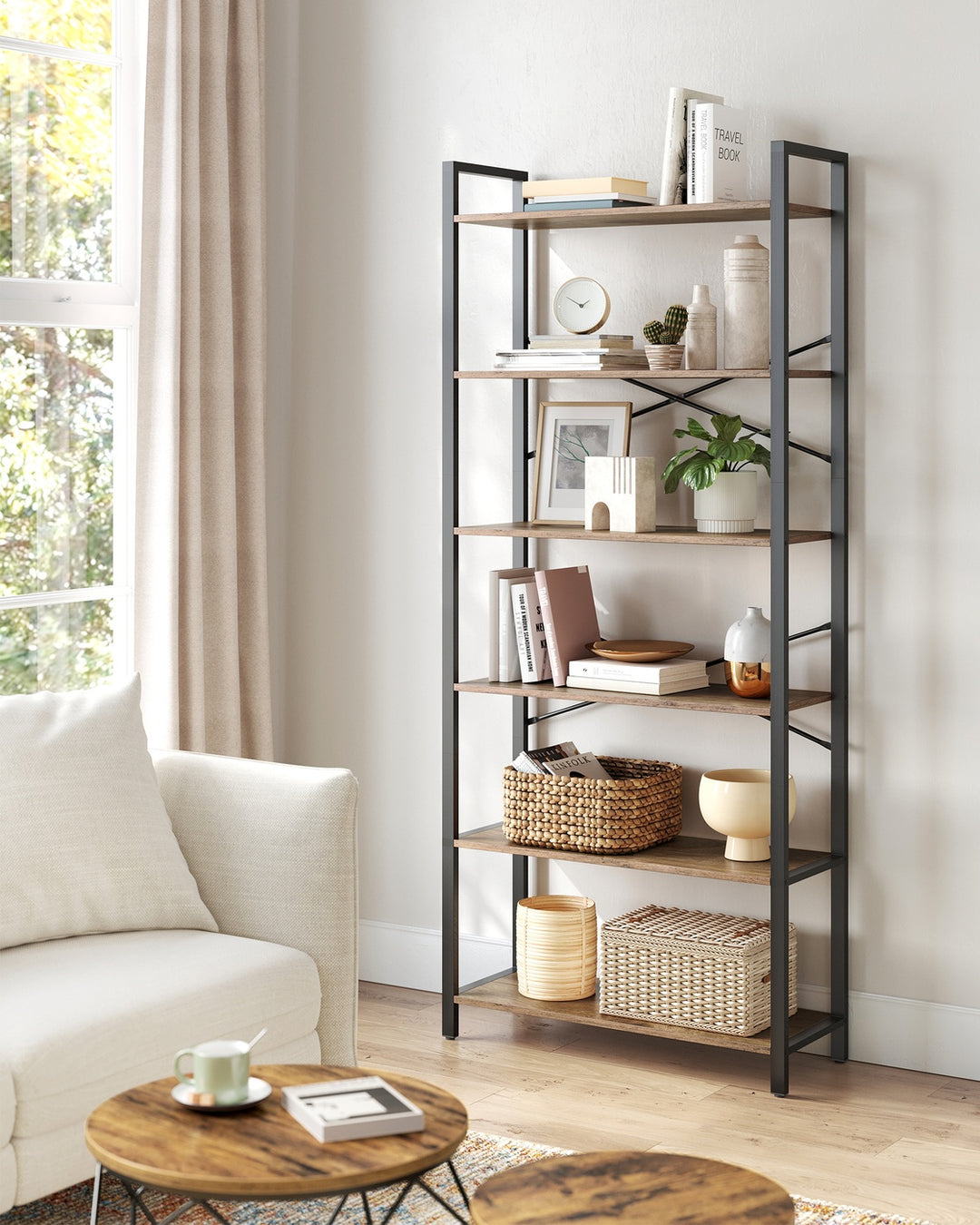 6-Tier Tall Bookshelf Special Walnut and Black 30 x 80 x 186 cm