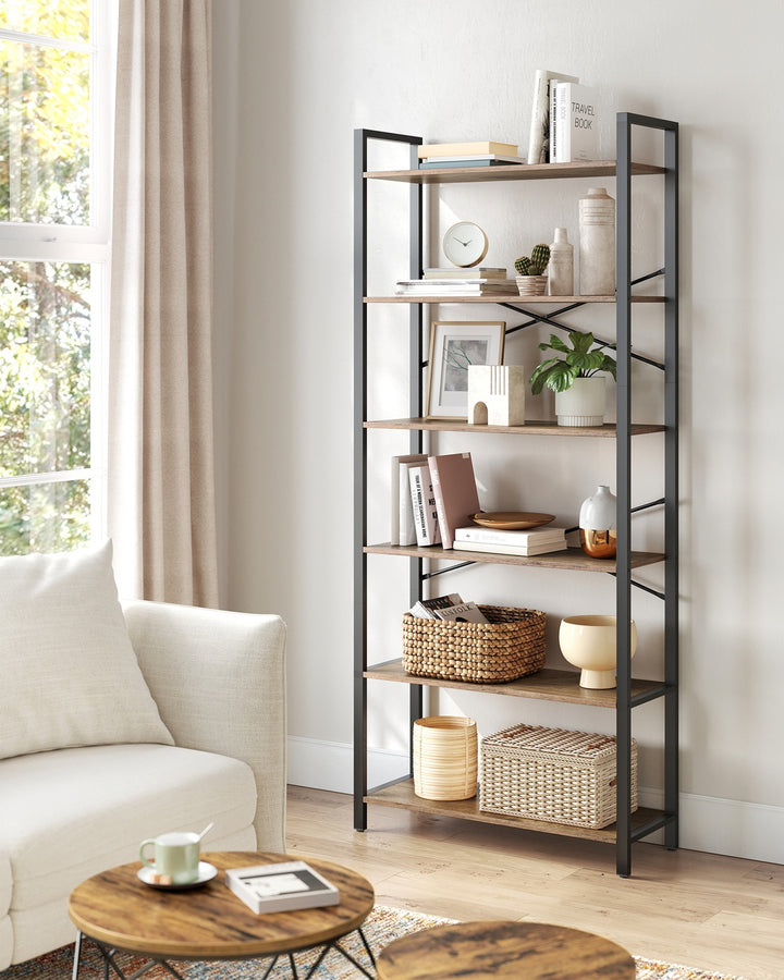 6-Tier Tall Bookshelf Special Walnut and Black 30 x 80 x 186 cm