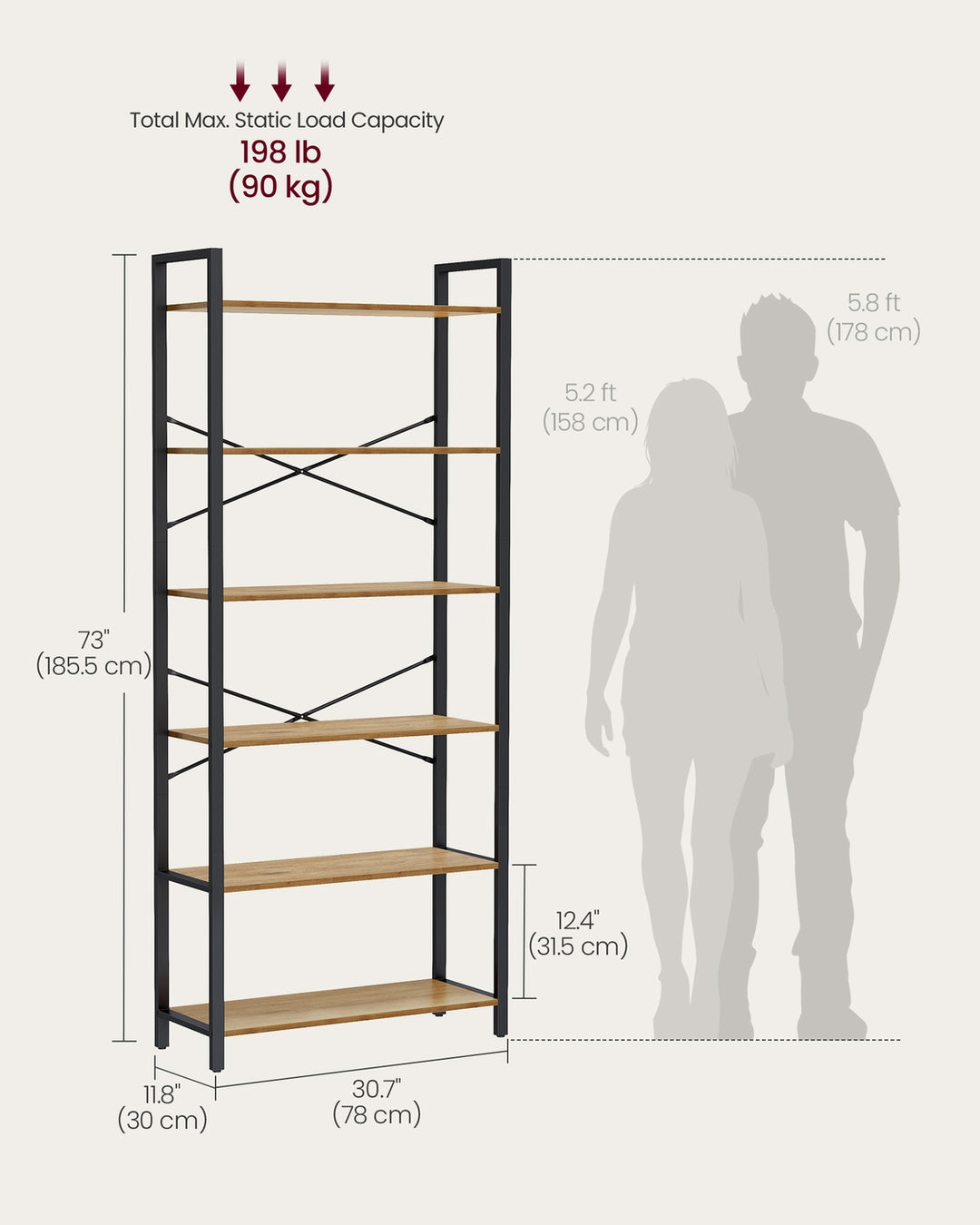 6-Tier Tall Bookshelf Special Walnut and Black 30 x 80 x 186 cm