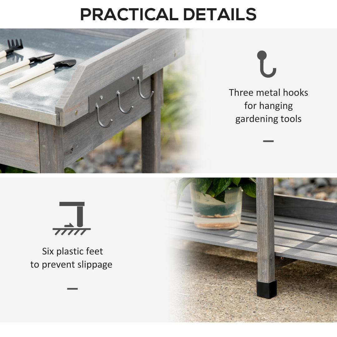 Outsunny Garden Potting Table, Wooden Workstation Bench w/ Galvanized Metal Tabletop, Drawer, Storage Shelves and Hooks for Courtyards, Balcony