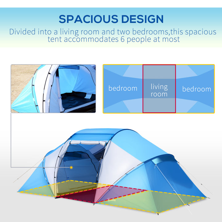 4-6 Man Camping Tent w/ Two Bedroom, Hiking Sun Shelter, UV Protection Tunnel Tent, Blue and White