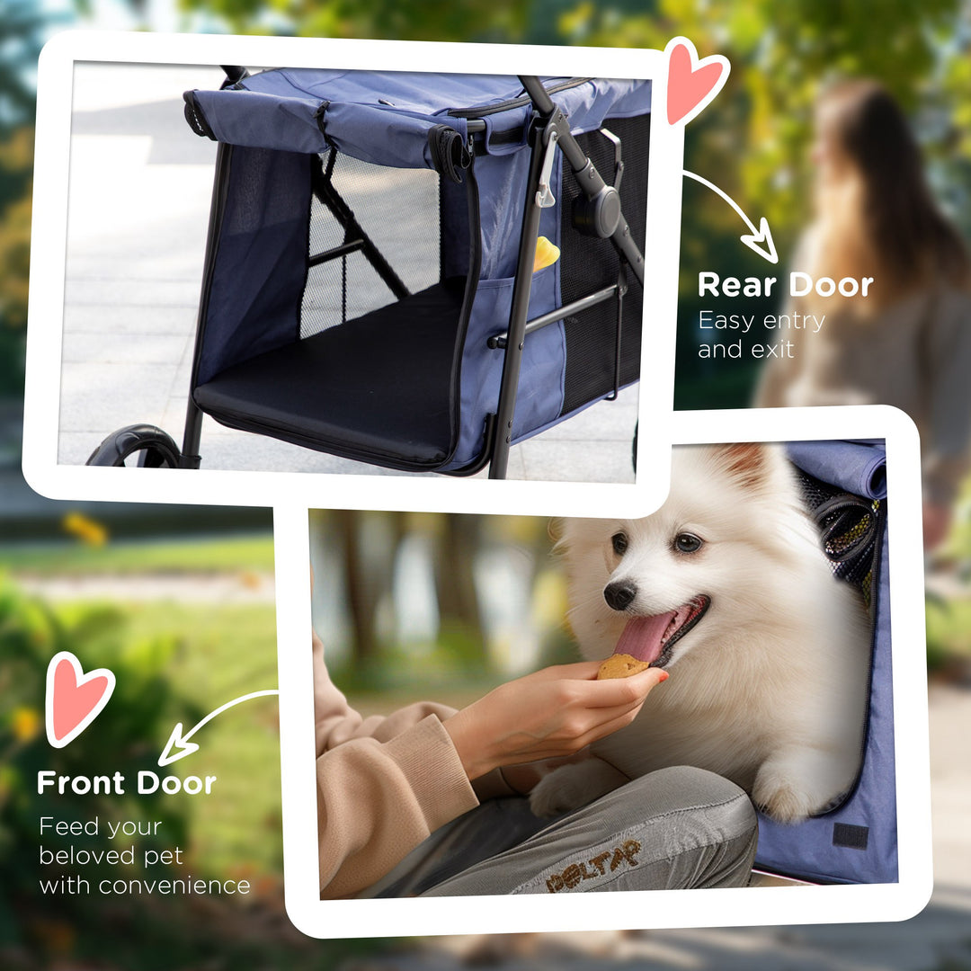 One-Click Foldable Dog Pushchair w/ EVA Wheels, Storage Bags, Mesh Windows, Doors, Safety Leash, Cushion, for Small Pets - Dark Blue