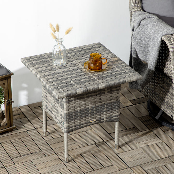 Rattan Side Table, Outdoor Coffee Table, with Plastic Board Under the Full Woven Table Top for Patio, Garden, Balcony, Mixed Grey