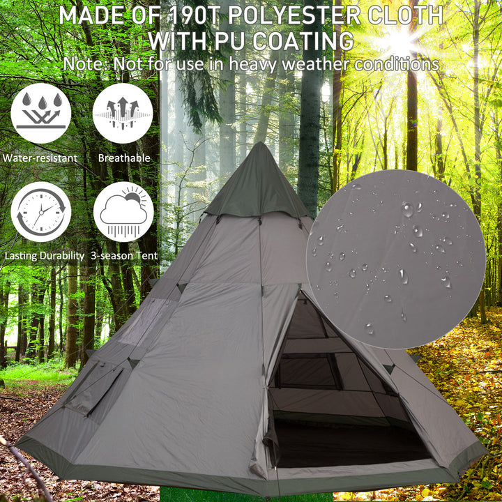 6 Men Tipi Tent, Camping Teepee Family Tent w/ Mesh Windows Zipped Door Carry Bag, Easy Set Up for Hiking Picnics Outdoor Night, Green, Grey