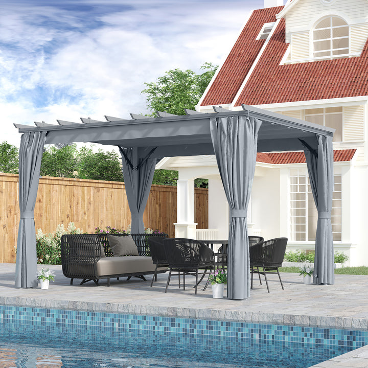 3.6 x 3(m) Outdoor Pergola Gazebo Retractable Canopy Garden Shelter Sun Shade Party with Curtains, Aluminum, Dark Grey