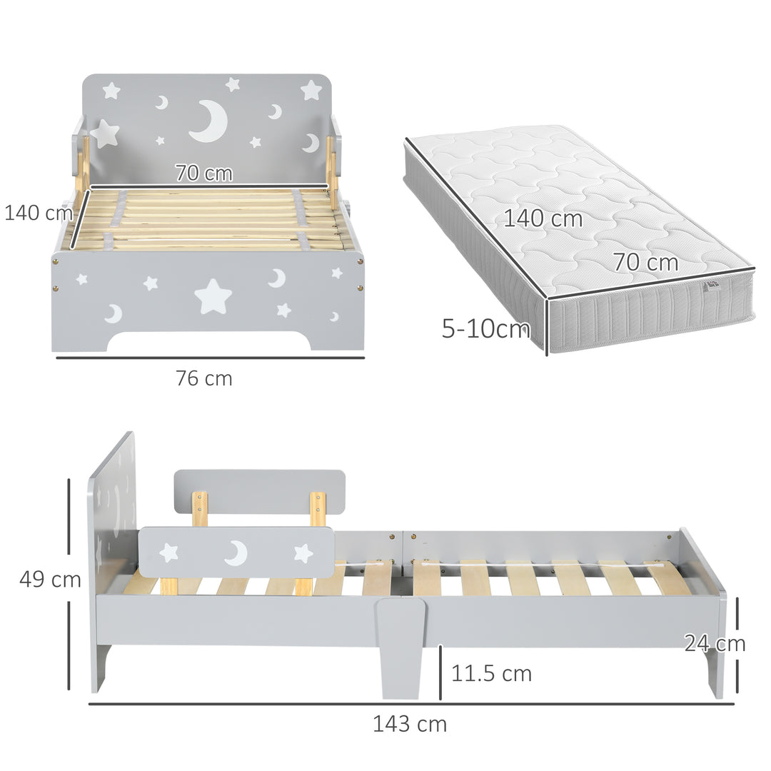 Kids Toddler Bed with Star & Moon Patterns, Safety Side Rails Slats, Kids Bedroom Furniture for 3-6 Years Old, Grey, 143 x 76 x 49 cm