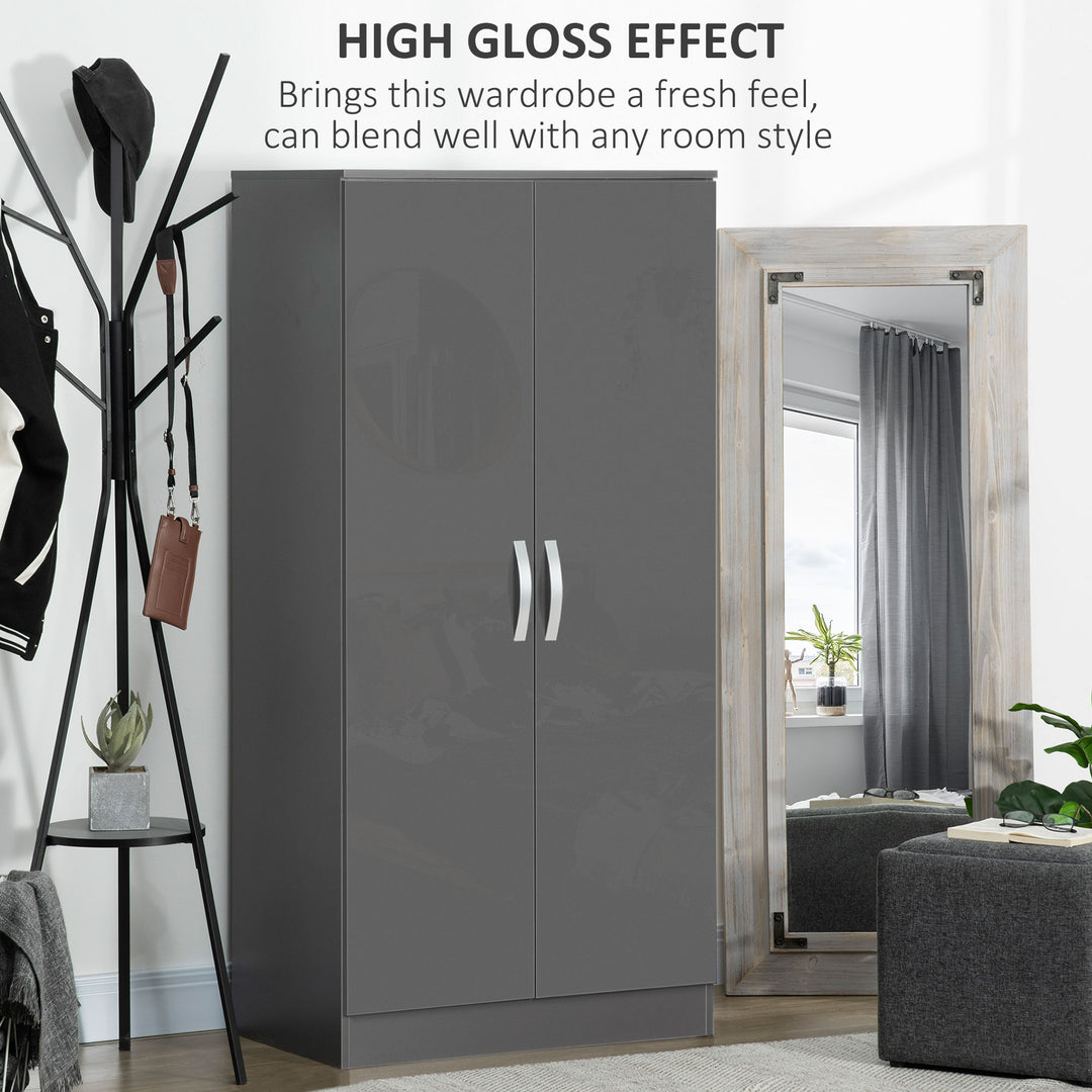 High Gloss Wardrobe, 2 Door Wardrobe with Hanging Rod and Storage Shelf, Clothes Storage Organizer with Anti-tipping Design for Bedroom, Grey