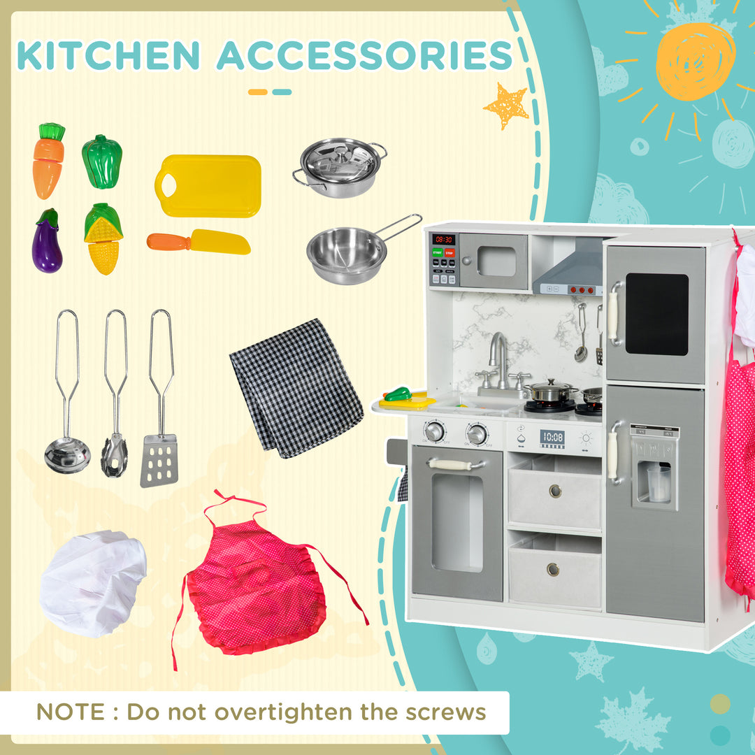 Toy Kitchen with Lights Sounds, Apron and Chef Hat, Ice Maker, Microwave, for 3-6 Years Old - White