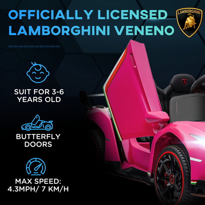 Lamborghini Veneno Licensed 12V Kids Electric Ride on Car with Butterfly Doors, Portable Battery, Powered Electric Car with Bluetooth, Remote, Music, Horn, Suspension, for 3-6 Years - Pink