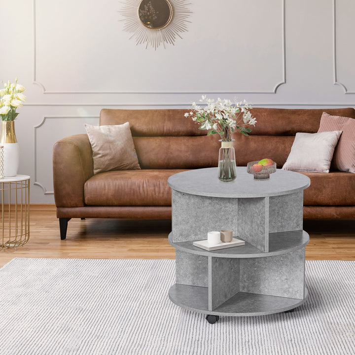 2 Tier Round Side End Table Coffee Desk with Divided Shelves Tea Table Storage Unit Living Room Organiser with Wheels - Cement colour