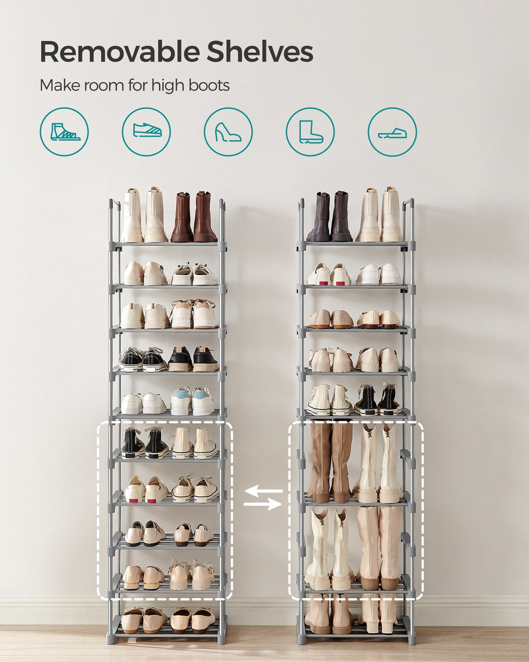 Grey Height-Adjustable Shoe Storage Organiser