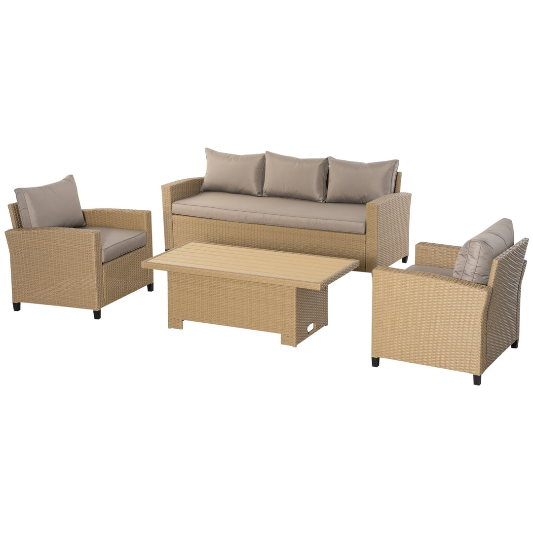 Outsunny 5-Seater Garden PE Rattan Sofa Set, Patio Wicker Aluminium Frame Conversation w/ Wood Grain Plastic Table, Khaki