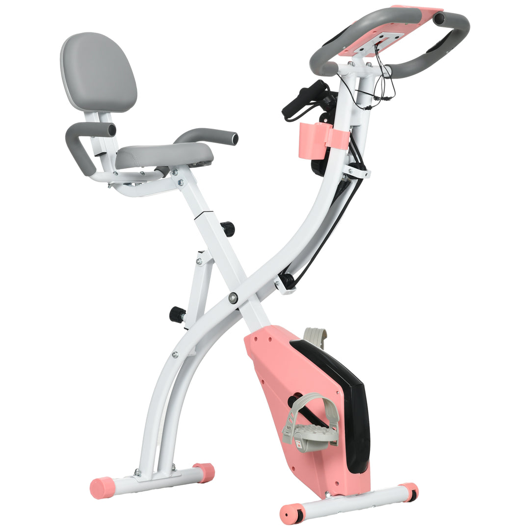 HOMCOM 2-in-1 Upright  Exercise Bike Stationary Foldable Magnetic Recumbent Cycling with Arm Resistance Bands Pink