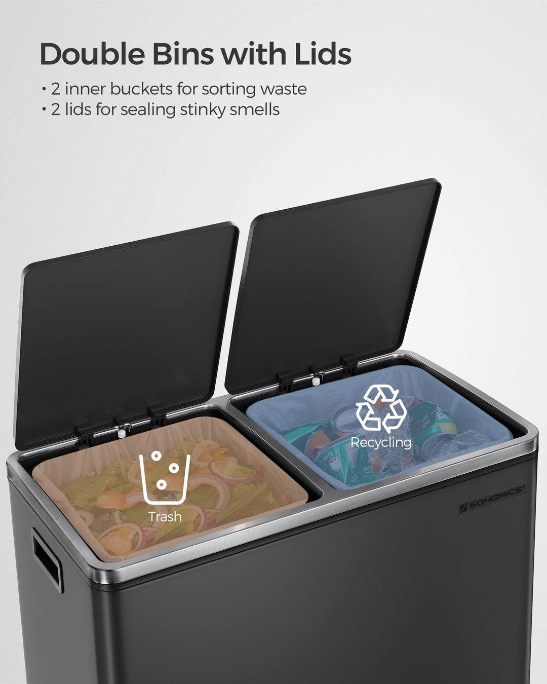 2 x 8 Gallon Black Dual Trash Garbage Can with Lid