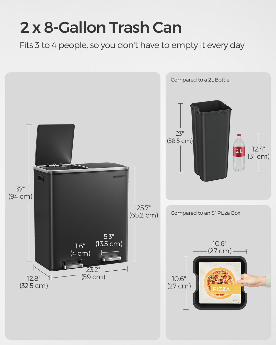 2 x 8 Gallon Black Dual Trash Garbage Can with Lid