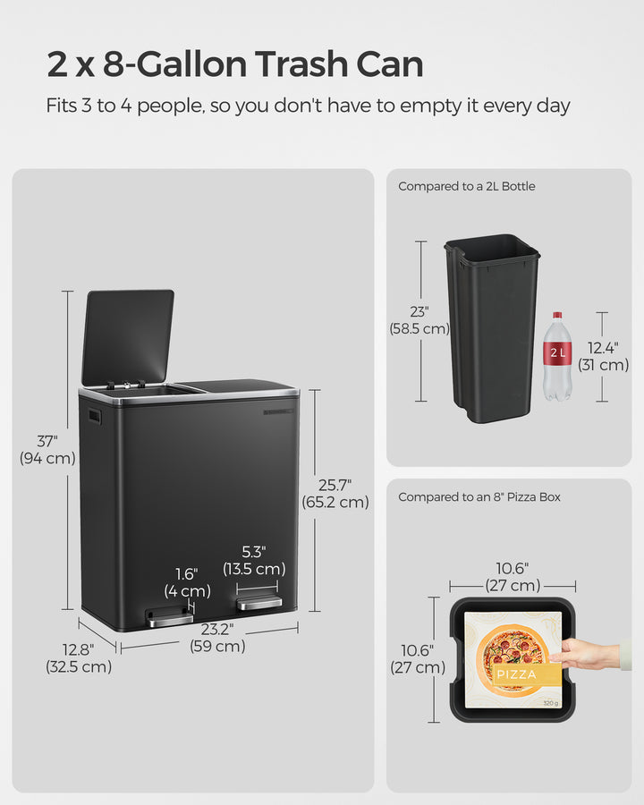 2 x 8 Gallon Black Dual Trash Garbage Can with Lid