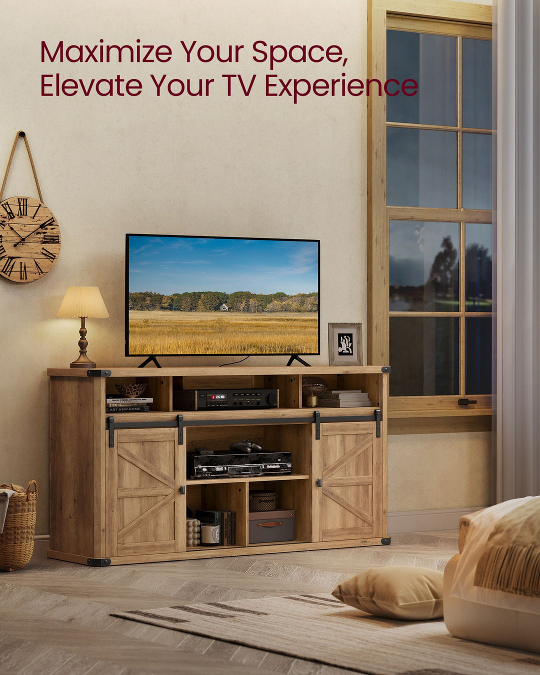 TV Stand for TVs up to 65 Inches, Farmhouse Entertainment Center with Sliding Barn Doors - Honey Brown