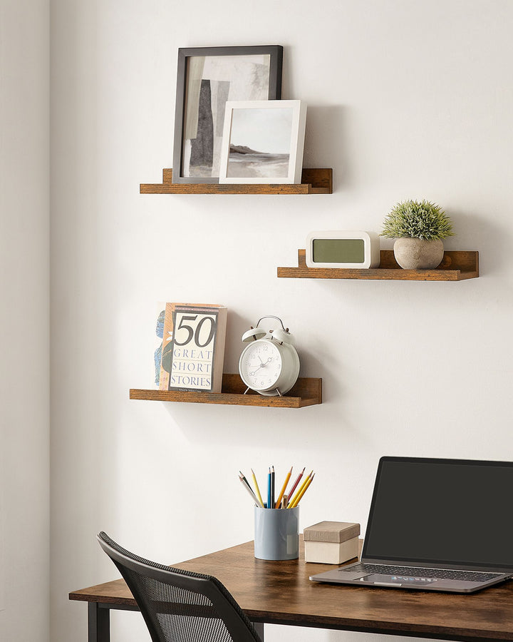 Set of 3 Rustic Brown Wall Shelves