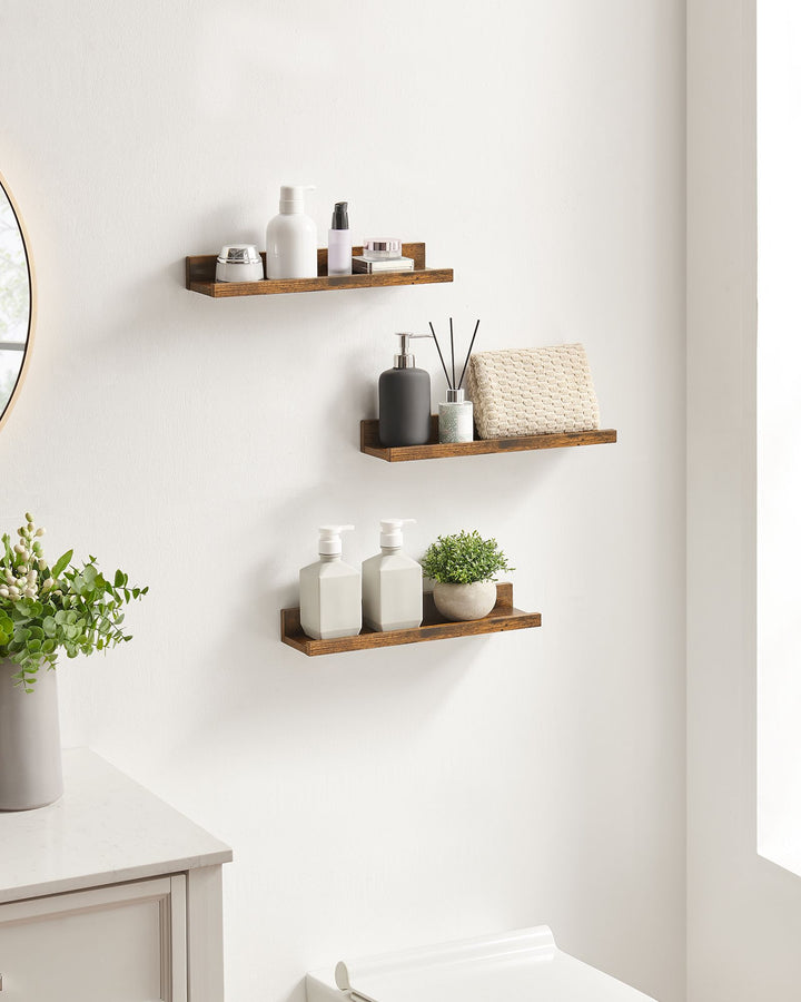 Set of 3 Rustic Brown Wall Shelves