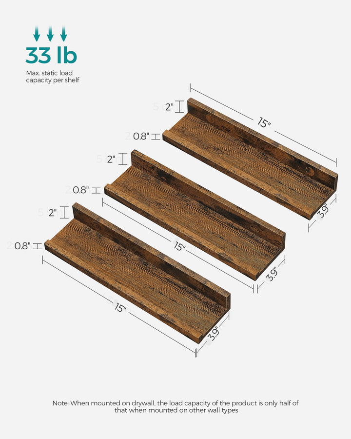 Set of 3 Rustic Brown Wall Shelves