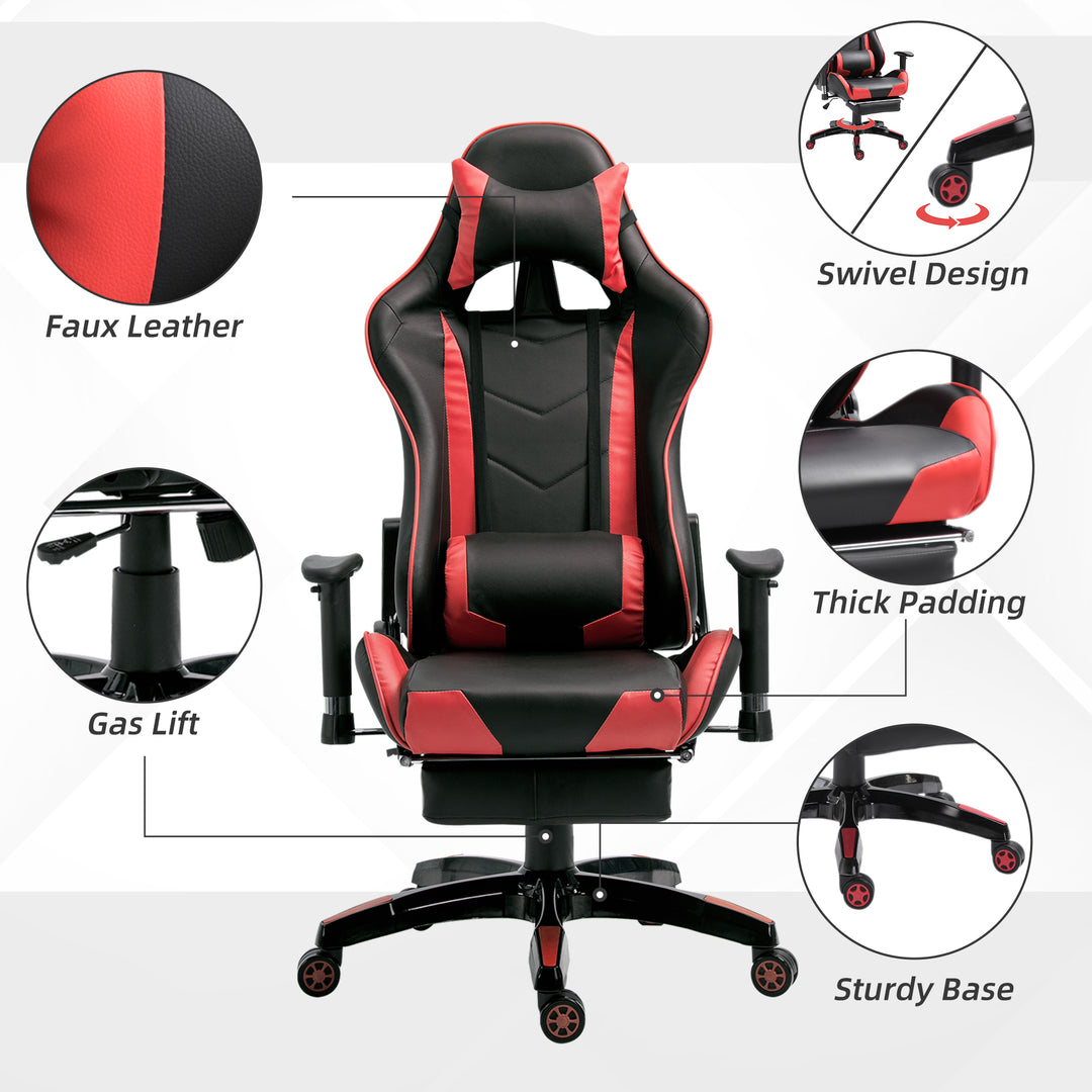 High-Back Gaming Chair Swivel Home Office Computer Racing Gamer Recliner Chair Faux Leather with Footrest, Wheels, Red Black