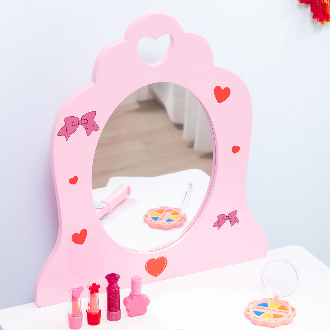5PCs Kids Bedroom Furniture Set with Bed, Toy Box Bench, Storage Unit, Dressing Table and Stool, Princess Themed, for 3-6 Years Old, Pink