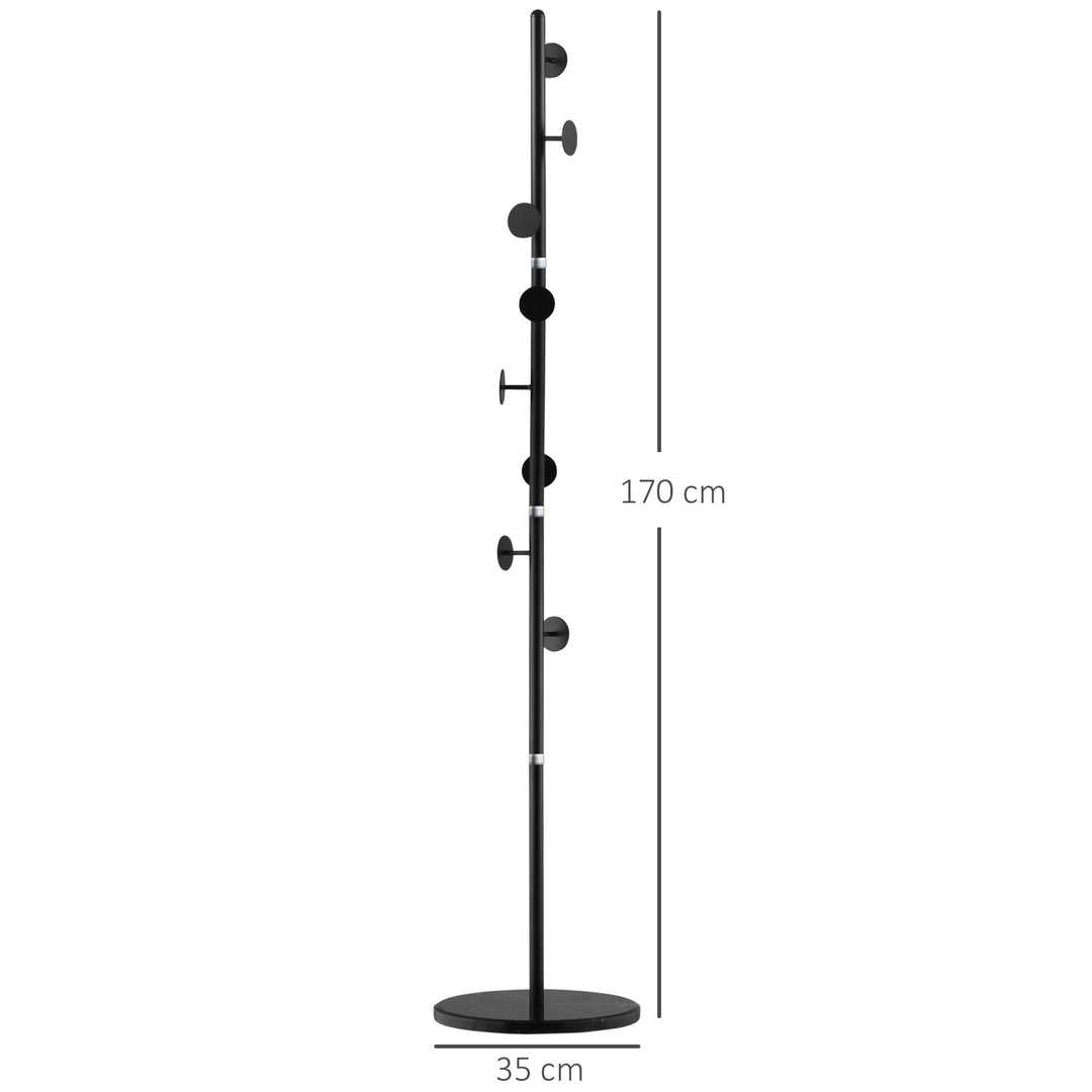 Coat Rack Free Standing Hall Tree with 8 Round Disc Hooks for Clothes, Hats,Purses, Steel Entryway Coat Stand with Marble Base, Black