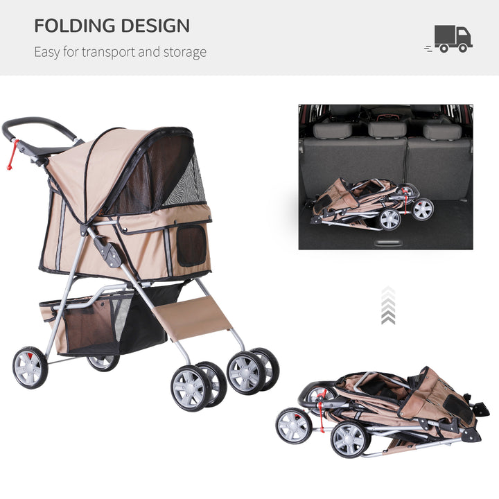 PawHut Dog Pram Pet Stroller Foldable Dog Pushchair with Wheels Zipper Entry Cup Holder Storage Basket Brown