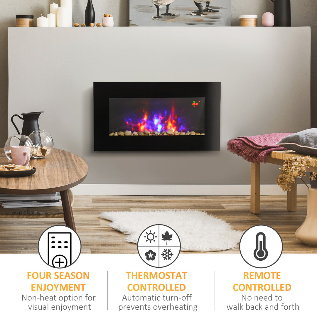 HOMCOM 1000W Wall Mounted Tempered Glass Electric Fireplace Heater Wall Fires Black