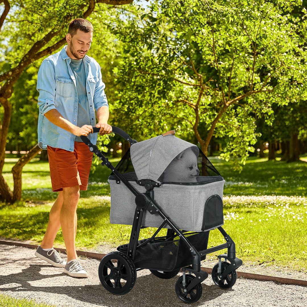 PawHut 2-In-1 Design No-Zip Pet Stroller Detachable Bag Travel Trolley with Shock-absorbing System Brake Basket Adjustable Handlebar Safety Leash Grey