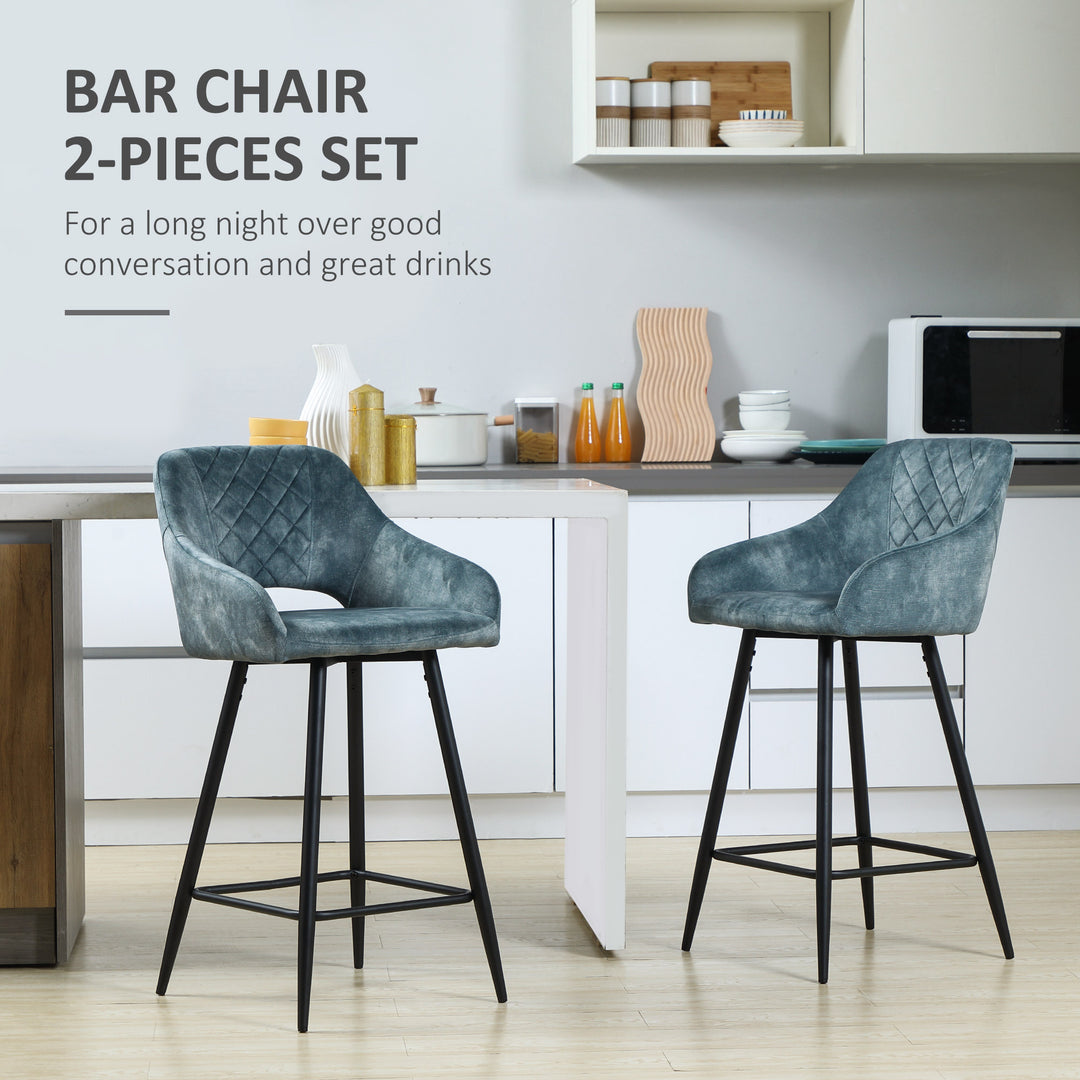 Bar Stools Set of 2, Velvet-Touch Fabric Counter Height Bar Chairs, Kitchen Stools with Steel Legs for Dining Area Blue