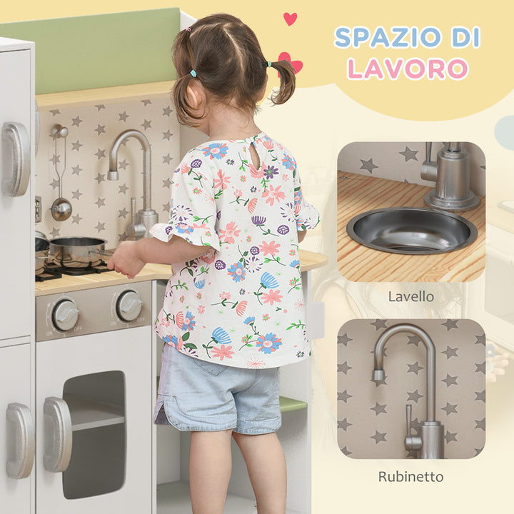 AIYAPLAY Toy Kitchen, Kids Play Kitchen Role Playing Game with Phone, Ice Maker, Stove, Sink, Utensils, for 3-6 Years, White