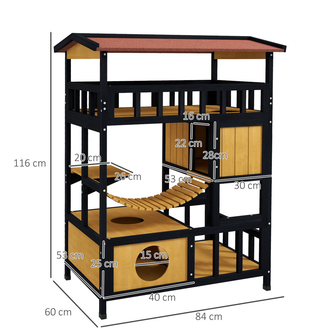 Outdoor Cat Shelter, Wooden Feral Cat House, with Suspension Bridge