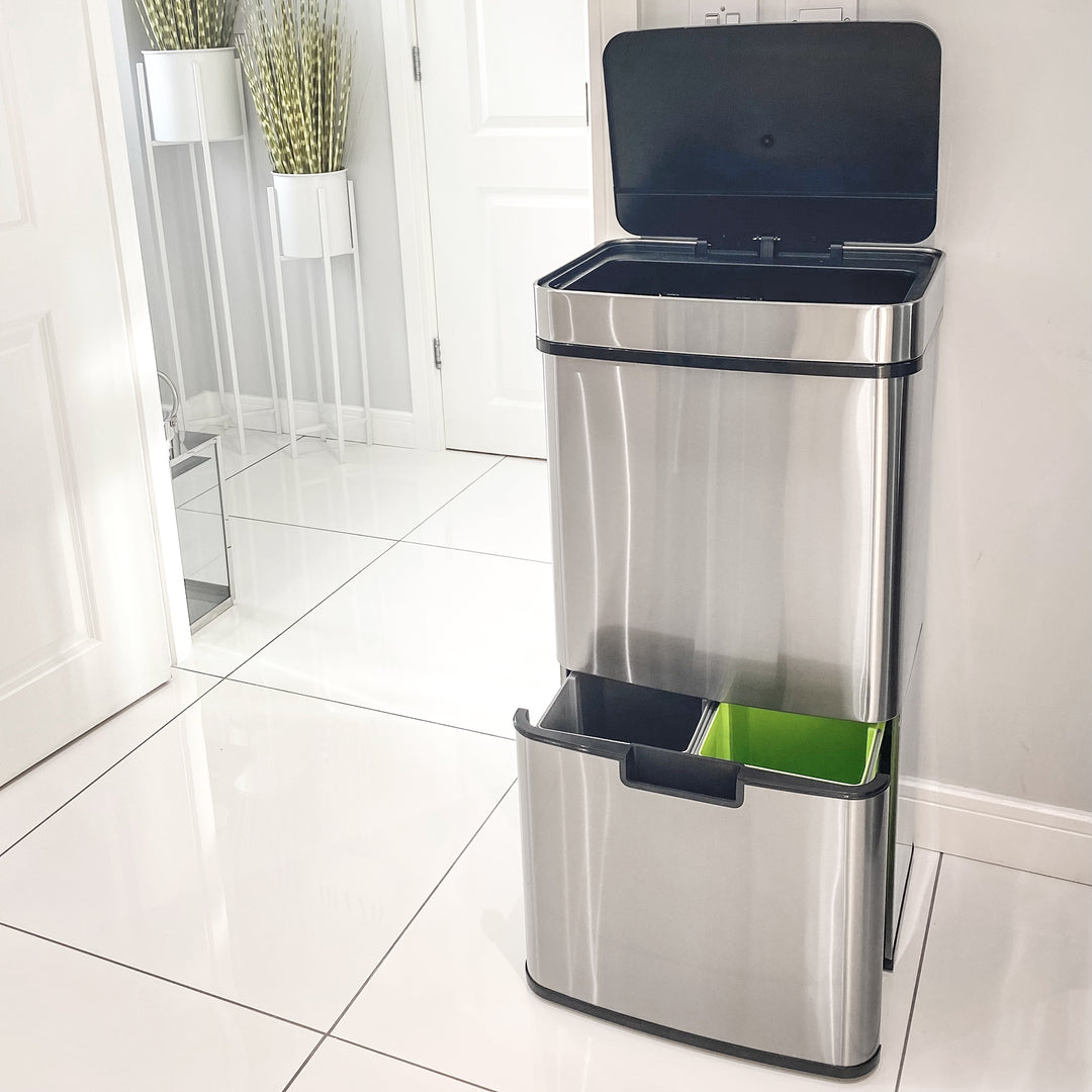 72L Recycling Sensor Bin, Stainless Steel 3 Compartments for Both Wet or Dry Waste with Removable Lid Kitchen Home