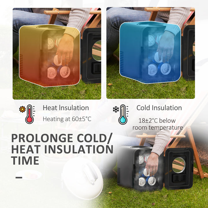 4 L/6 Can Mini Fridge, AC+DC Portable Cooler &amp; Warmer for Skincare, Makeup, Cosmetics, Food, for Bedroom, Home, Caravan, Car, Black