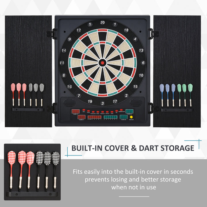 Electronic Dartboard In Case LED Scoreboard w/ 12 Darts 30 Heads Side Storage Cabinet Black White