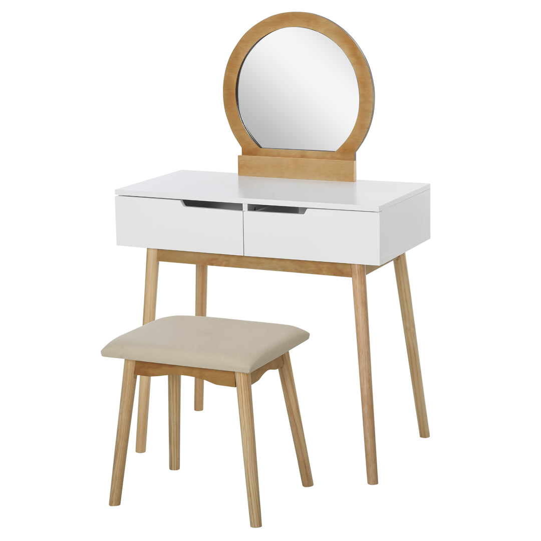 Dressing Table &amp; Stool Set w/ Drawers Mirror Modern Elegant Vanity Makeup Padded Seat Home Bedroom Beauty Furniture Natural Brown