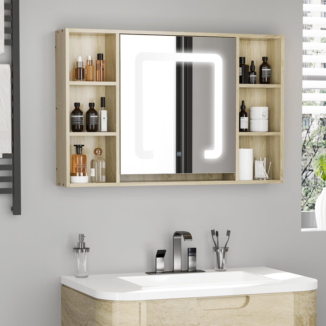 kleankin LED Bathroom Mirror Cabinet, Wall Mounted Dimmable Medicine Cabinet with Adjustable Shelf and Mirrored Door, Natural