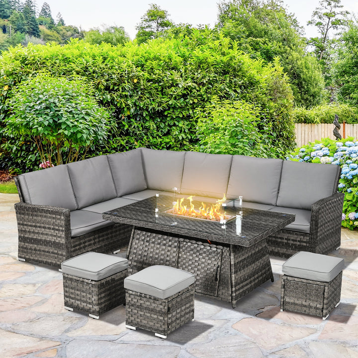 9-Seater PE Rattan Garden Furniture Set, 50,000 BTU Gas Fire Pit Table, Double Corner Sofa, 3 Footstools, Grey