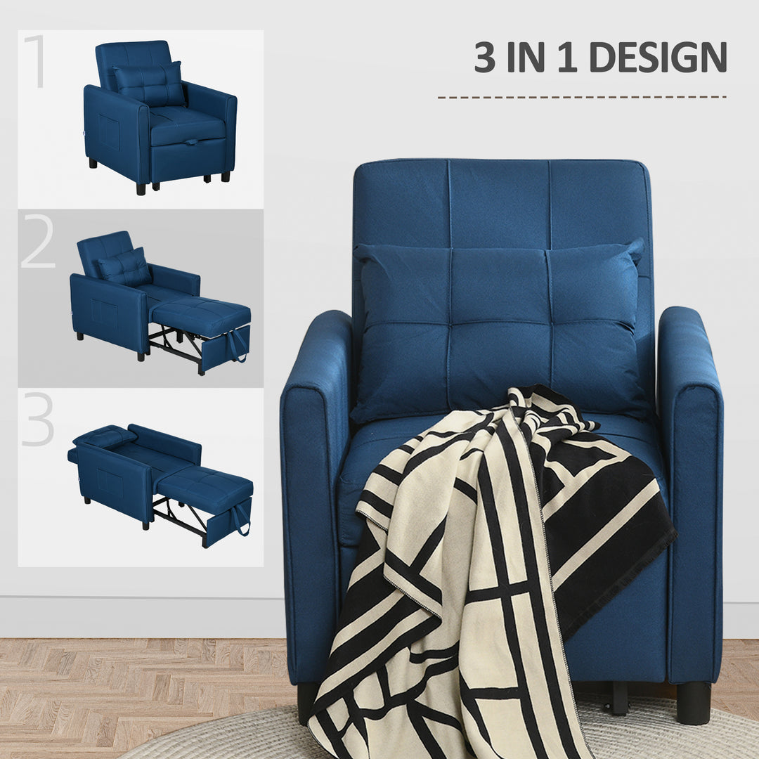 3-In-1 Convertible Chair Bed, Pull Out Sleeper Chair, Fold Out Bed with Adjustable Backrest, Side Pockets, Blue