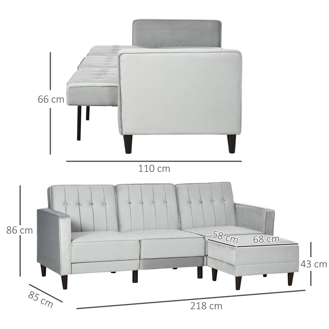 L Shape Sofa Bed Set with 3-Seater Sofa and Footstool, Corner Sofa Bed with Ottoman, Light Grey