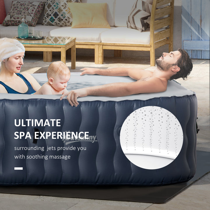 Outsunny Square Hot Tub Inflatable Spa Outdoor Bubble Spa Pool with Pump, Cover, Filter Cartridges, 4-6 Person, Dark Blue