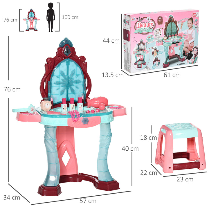 31 PCS Kids Dressing Table Set with Magic Princess Mirror, Musical Pretend Toy W/ Beauty Kit Mirror Light & Music, for 3-6 Years Old Blue+Pink