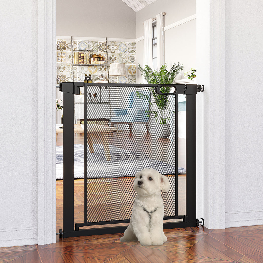 PawHut Pressure Fit Safety Gate for Doors and Stairs, Dog Gate with Auto Close, Pet Barrier for Hallways, with Double Locking Openings 75-82 cm Black