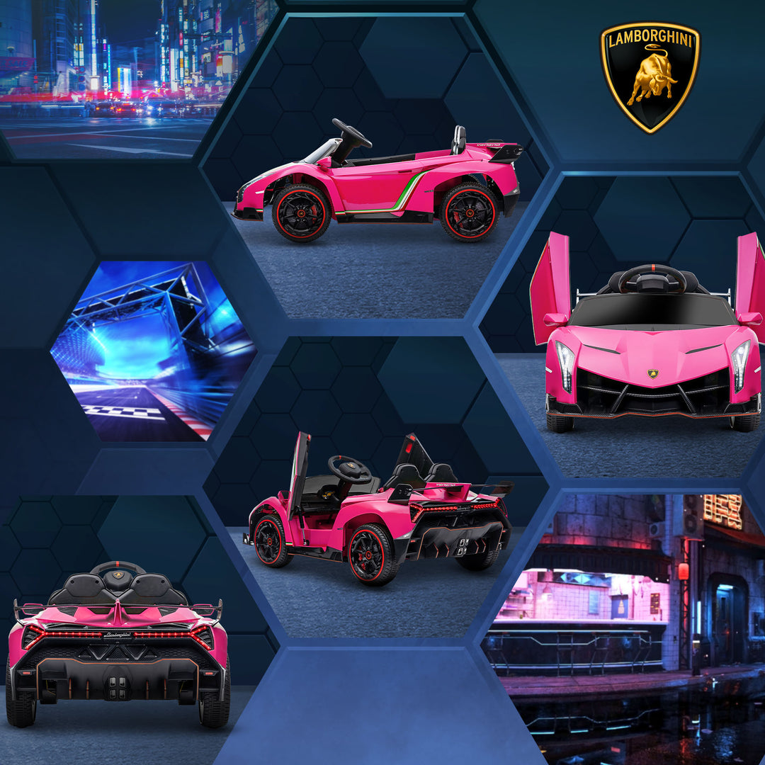 Lamborghini Veneno Licensed 12V Kids Electric Ride on Car with Butterfly Doors, Portable Battery, Powered Electric Car with Bluetooth, Remote, Music, Horn, Suspension, for 3-6 Years - Pink