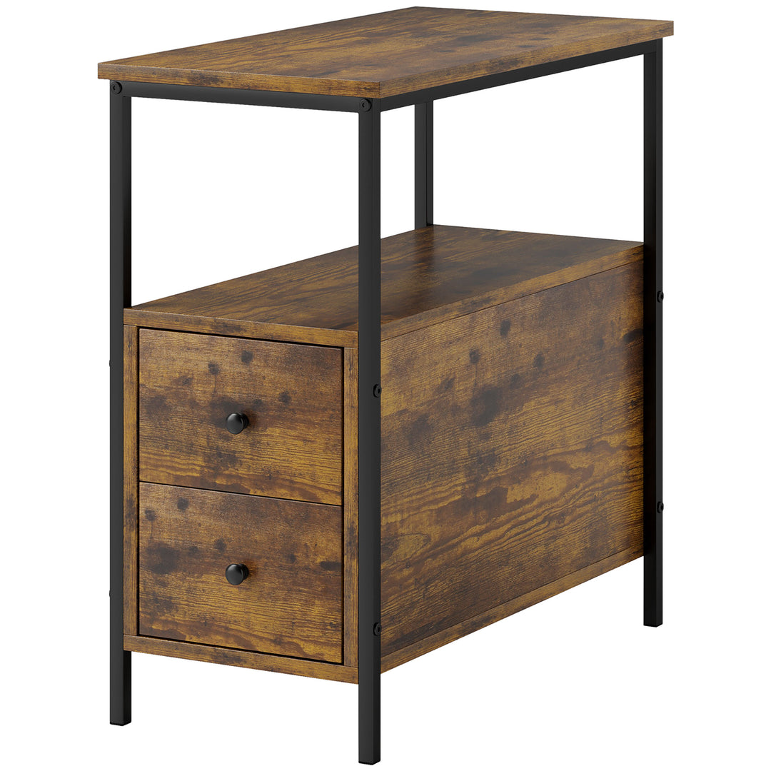 Side Table with 2 Drawers and Storage Shelf, Narrow End Table Bedside Table with Metal Frame for Small Spaces, Rustic Brown