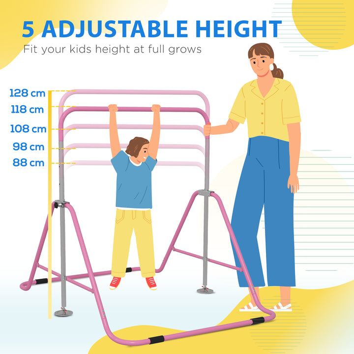 Gymnastics Bar for Kids, Folding Horizontal Bars with Adjustable Height, Training Bar with Triangle Base, Pink