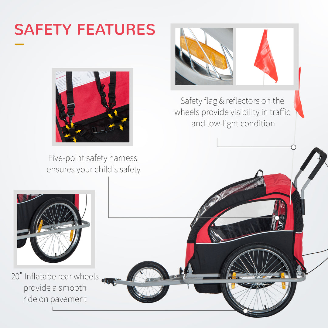 Collapsible Bike Trailer 2-Seater for Baby Bicycle with Pivot Wheel Suitable For 18 Month + Child(Black and Red)
