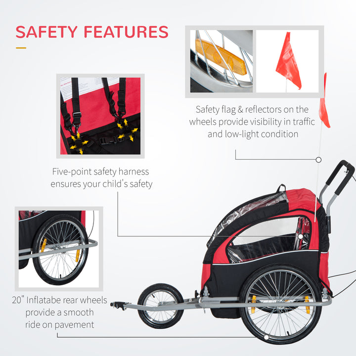 Collapsible Bike Trailer 2-Seater for Baby Bicycle with Pivot Wheel Suitable For 18 Month + Child(Black and Red)